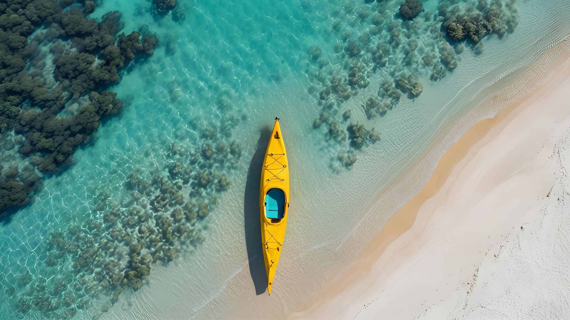 Vista aérea de um caiaque amarelo em águas cristalinas junto a uma praia de areia branca